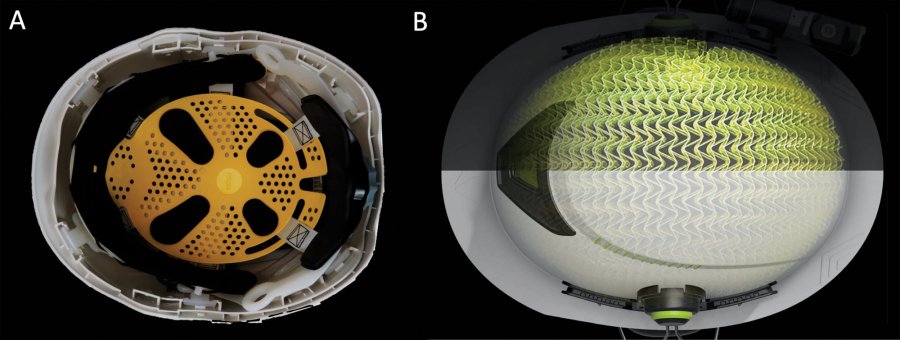 Rotation mitigation technologies. A) MIPS slip liner; B) WaveCel dome.